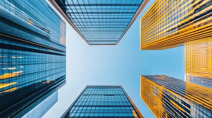 Low angle view of modern skyscrapers against blue sky.