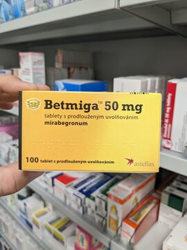 Prague,Czech Republic-August 7 2024: BETMIGA box of medication with MIRABEGRON active substance by ASTELLAS,used for treatment of overactive bladder	
