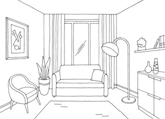 Living room graphic black white interior sketch illustration vector 
