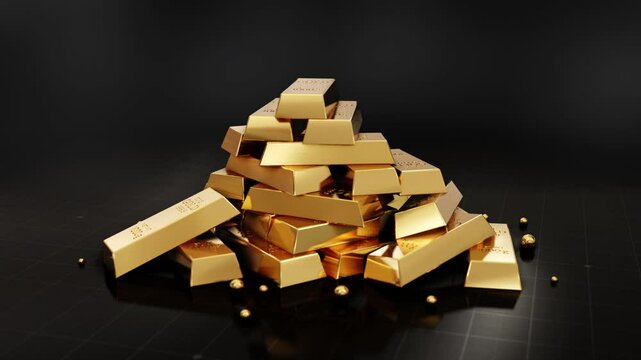 Rotating view of stacked gold bars on a Dark Background, showcasing luxury, wealth, and investment. Perfect for financial and luxury content. 3D animation render 4K