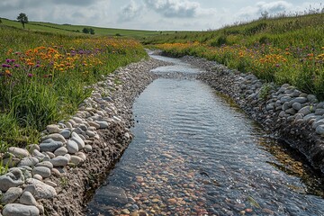 Obraz premium Tranquil stream flowing through vibrant wildflower meadow in peaceful countryside landscape