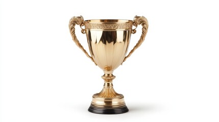 Golden cup trophy standing alone on a white background, symbolizing victory and achievement.