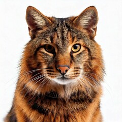 A clear view of a domesticated cat's face on a white background, suitable for use in pet-related or lifestyle imagery