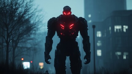 Fototapeta premium 3d illustration of a cyberpunk scary creature with red luminous eyes in a night scene. Silhouette of a futuristic post apocalypse mutant in metal armor. Concept art science fiction alien character