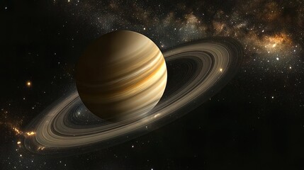 Naklejka premium Saturn, the ringed planet, shines brightly against a backdrop of stars and a swirling galaxy.