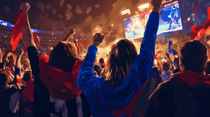 Fototapeta premium Fans passionately support their team during a thrilling match at the stadium filled with excitement, waving flags and cheering loudly. Generative AI