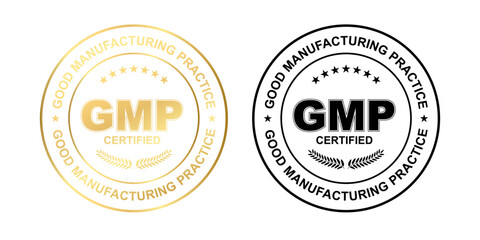 GMP Certified label ,Good Manufacturing Practice Gold and black Round Circle shiny sticker Badge with stars, GMP Approved Label, Supplement, Quality Control, Medical And Health Design Element 