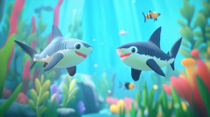 Naklejka premium Dynamic encounter between grey sharks and black tip sharks showcasing their contrasting features in a vibrant underwater scene