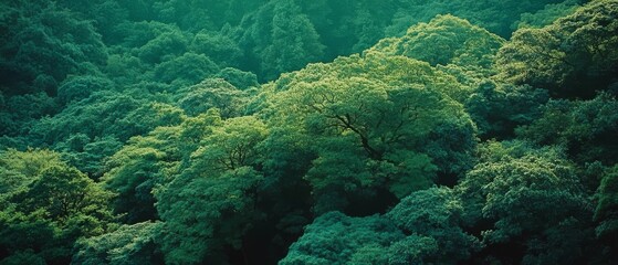 Fototapeta premium An expansive green forest canopy creates a textured mosaic of towering trees under a calm, welcoming sky.