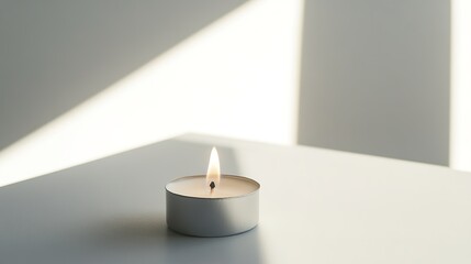 Minimalist lit candle with geometric shadows on surface