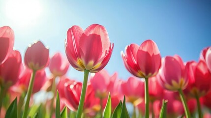 A field of pink tulips reaching towards the sun on a bright blue sky.