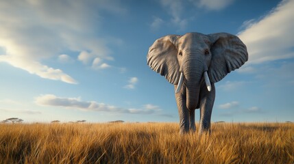 Fototapeta premium A majestic elephant stands gracefully in the African savanna, captured in stunning detail during golden hour's soft light
