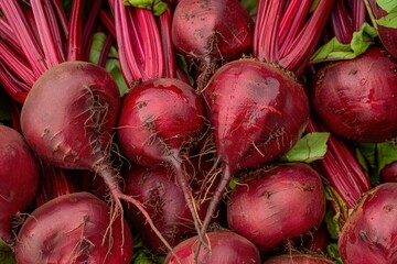 Vibrant red beets are piled together, showcasing the beauty and freshness of nature's bounty