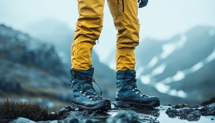 A hiker standing on wet rocks in the mountains wearing yellow rain gear and sturdy boots