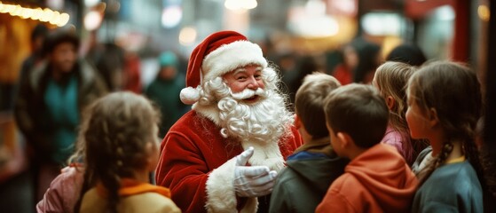 Obraz premium Santa delights a group of children, spreading holiday joy and warmth in a festive city street scene.