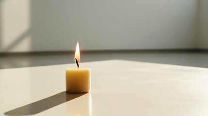 Lit candle in minimalistic setting with soft light and shadows