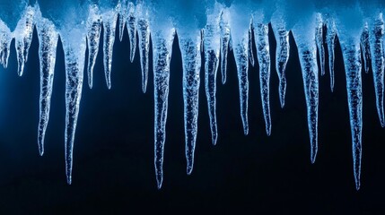Icicles hang against a dark background, capturing a wintery scene. The panoramic image offers a wider perspective of the frozen formations.