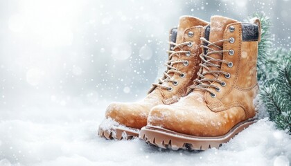 Warm brown boots resting on snowy ground during a winter day amidst falling snowflakes
