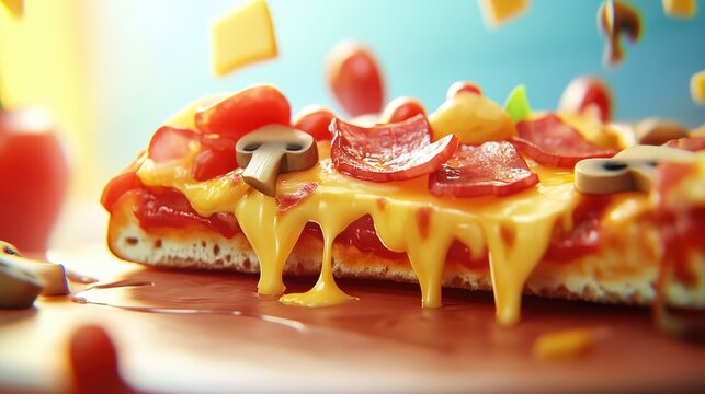 Close up of a delicious pizza slice topped with crispy bacon savory ham fresh mushrooms juicy tomatoes and melted cheese perfect for food enthusiasts