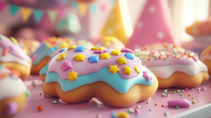 Colorful party themed cookie decorations featuring sprinkles and icing perfect for festive gatherings