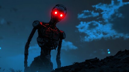 Naklejka premium 3d illustration of a cyberpunk scary creature with red luminous eyes in a night scene. Silhouette of a futuristic post apocalypse mutant in metal armor. Concept art science fiction alien character