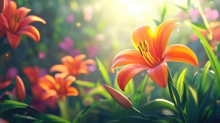 Fototapeta premium Close up of vibrant Day lily flowers basking in the sunlight showcasing their decorative beauty in a garden setting