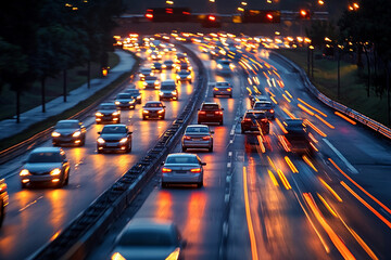 Evening rush hour traffic under illuminated streetlights