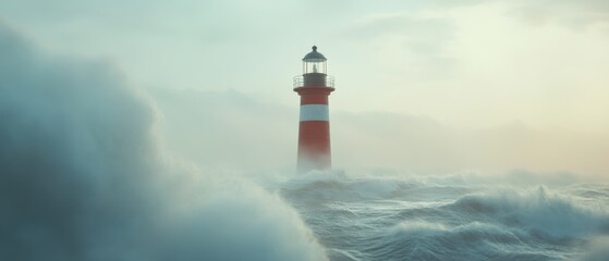 A red-and-white lighthouse stands amidst crashing waves and a mist-filled sky, embodying strength and steadfastness against the turbulent seascape.