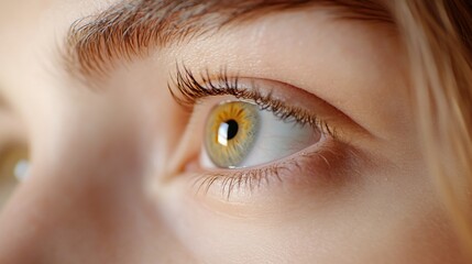 Obraz premium Close-up of a woman's eye, looking to the side, with long eyelashes and a golden iris.
