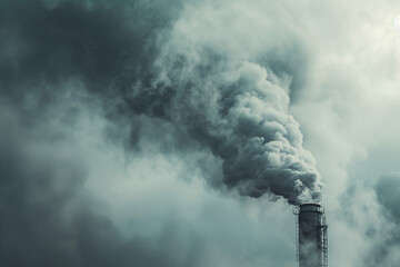 Smoking factory chimney against grey sky background