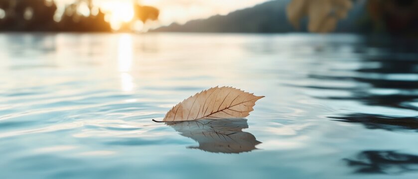 A solitary leaf drifts gracefully on a calm lake at sunset, reflecting the warm, golden hues and creating a moment of serene beauty.