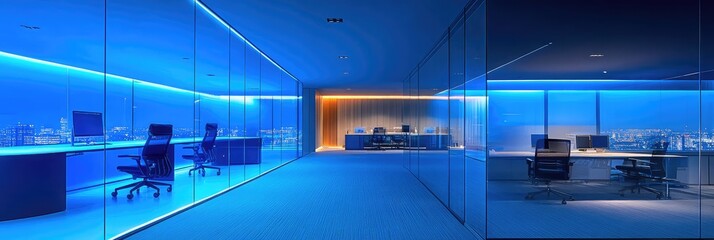 Office background, modern office interior, Modern Office Interior with Blue Ambient Lighting