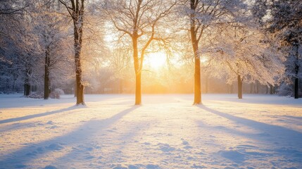 Obraz premium Frosty Morning with Snow Covered Field and Golden Sunlight