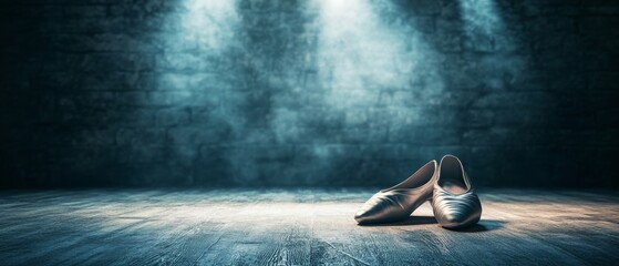 A pair of ballet shoes resting under soft stage lights evokes the dedication and grace of dance, set against a dramatic, shadowy backdrop.
