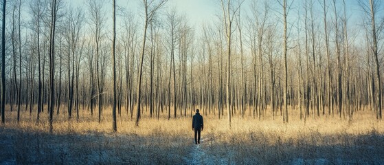 A lone figure stands amid a sunlit forest of tall, bare trees, creating a serene yet introspective atmosphere.