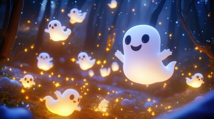 Fototapeta premium Cyberpunk themed image of adorable ghosts playfully floating in a starry forest perfect for fantasy art lovers
