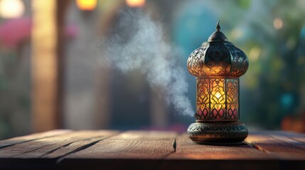 Elegantly designed Arabic lantern and intricately styled censer incense burner placed on a rustic wooden table enhancing cultural ambiance