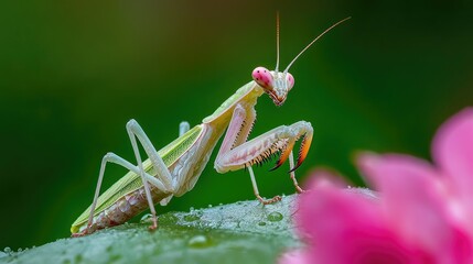 A green praying mantis with pink eyes and long, spiky legs is perched on a leaf.