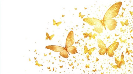 A group of golden butterflies flying on a white background.