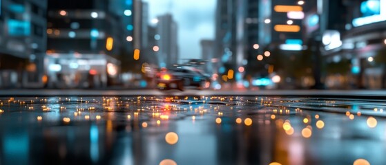 Obraz premium Vibrant city lights reflect on a wet street, with blurred cars suggesting motion and a lively urban atmosphere at dusk.