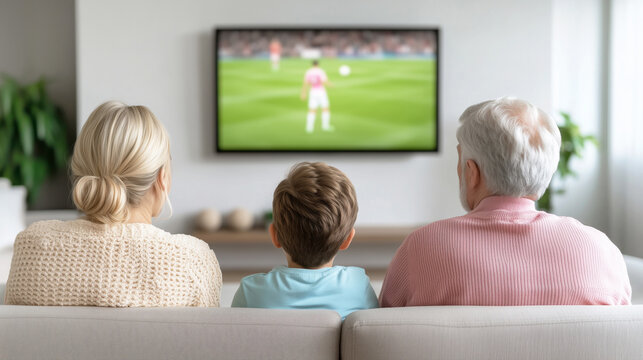 Family bonding time watching soccer match on tv in cozy living room setting