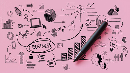 Business strategy concept: A pink background with various hand-drawn icons and graphs related to business, growth, and planning, symbolizing creative business strategy and ideas.