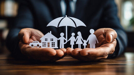 Comprehensive insurance concept: Hands holding paper cutouts of a family, house, car, and umbrella, symbolizing full coverage and protection for life, home, and vehicle.