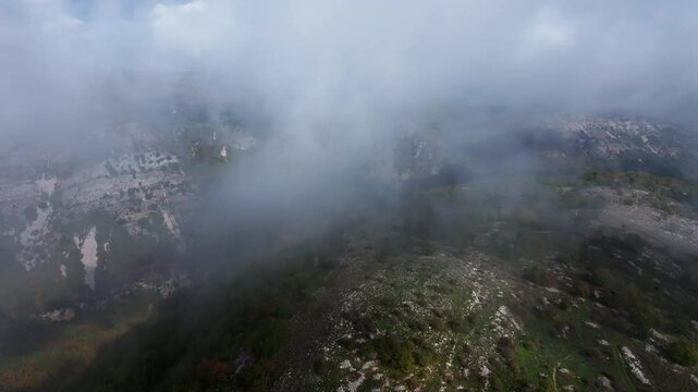 Aerial drone view of Col de Vence in Provence in the clouds
