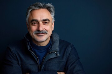 Obraz premium Portrait of a smiling middle-aged man with a mustache, wearing a navy blue jacket.