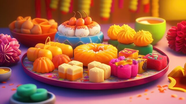 Delicious assortment of Diwali sweets featuring mango chum chum barfi petha laddu and jalebi perfect for festive celebrations