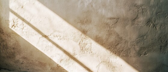 Sunlight streams through a window, casting a soft, abstract shadow pattern on a textured wall,...