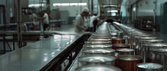 Chrome cans in factory setting, emphasizing industrial production, efficiency, and the sleekness of modern manufacturing processes.