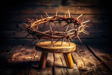 Vintage Style Crown of Thorns on Wooden Stool Against Dark Background, Religious Symbolism, Artistic Photography, Spiritual Reflection, Rustic Decor