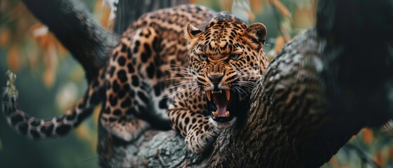 Obraz premium A fierce leopard, poised on a tree branch, exudes raw power and grace, with sharp eyes and a majestic pelt blending into the wild.